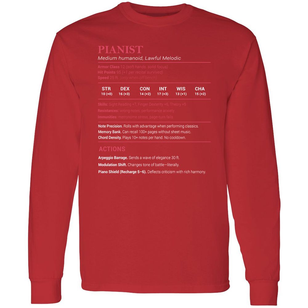 Pianist Stats Long Sleeve T-Shirt - Red - 14