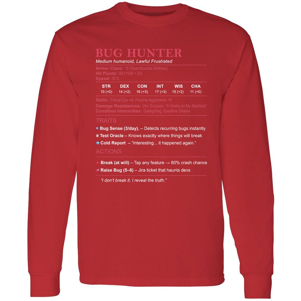Tester Stats (Bug Hunter) Long Sleeve T-Shirt - Red - 14