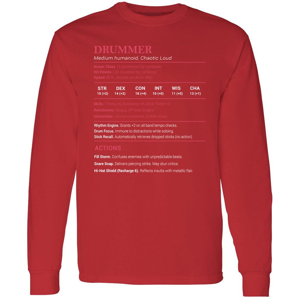 Drummer Stats Long Sleeve T-Shirt - Red - 14