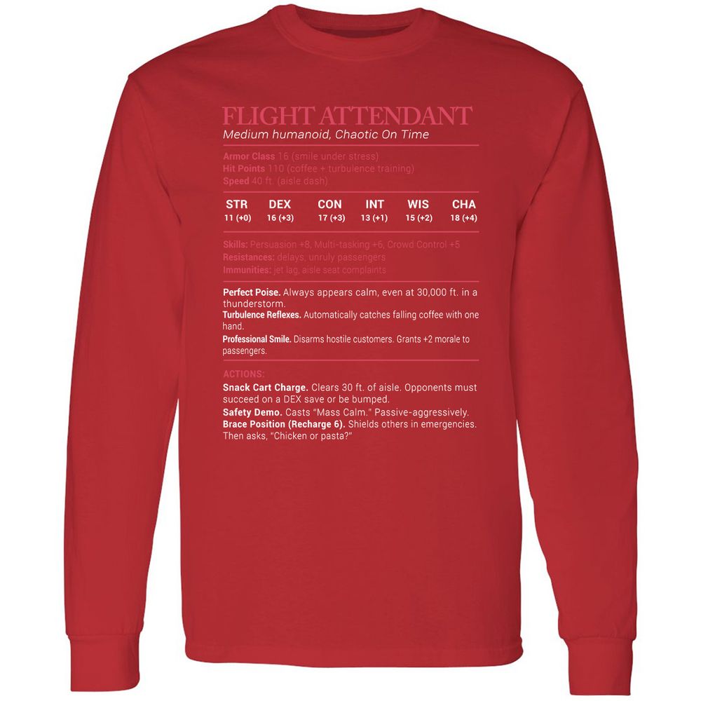 Flight Attendant Stats Long Sleeve T-Shirt - Red - 14