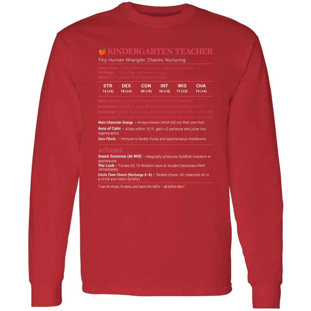Kindergarten Teacher Stats Long Sleeve T-Shirt - Red - 14
