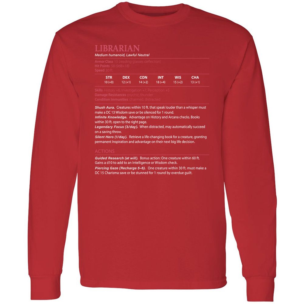 Librarian Stats Long Sleeve T-Shirt - Red - 14