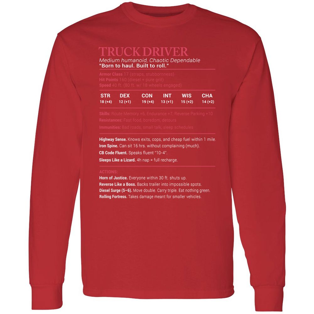 Truck Driver Stats Long Sleeve T-Shirt - Red - 14