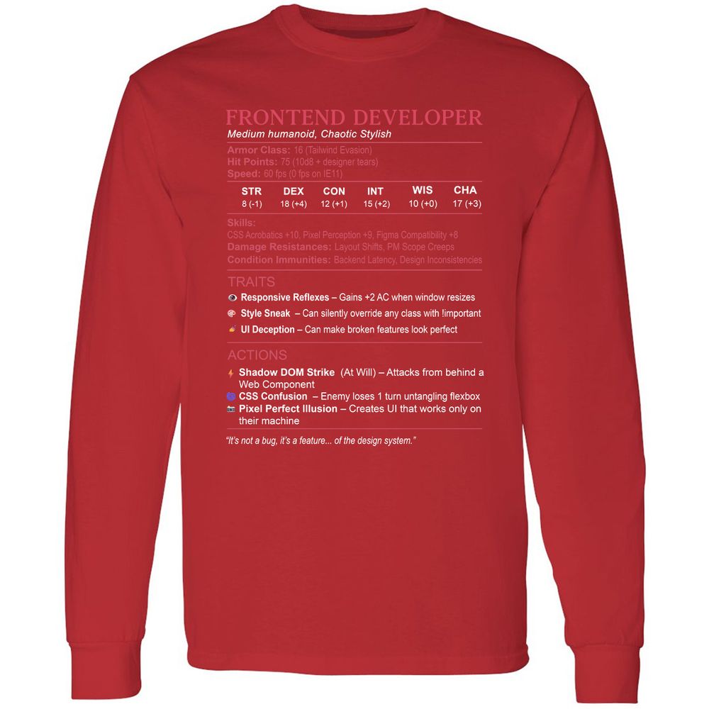 Frontend Developer Stats Long Sleeve T-Shirt - Red - 14