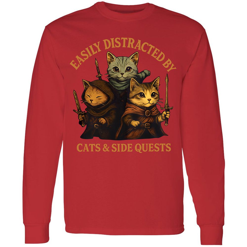 Easily Distracted By Cats & Side Quests Long Sleeve T-Shirt - Red - 14