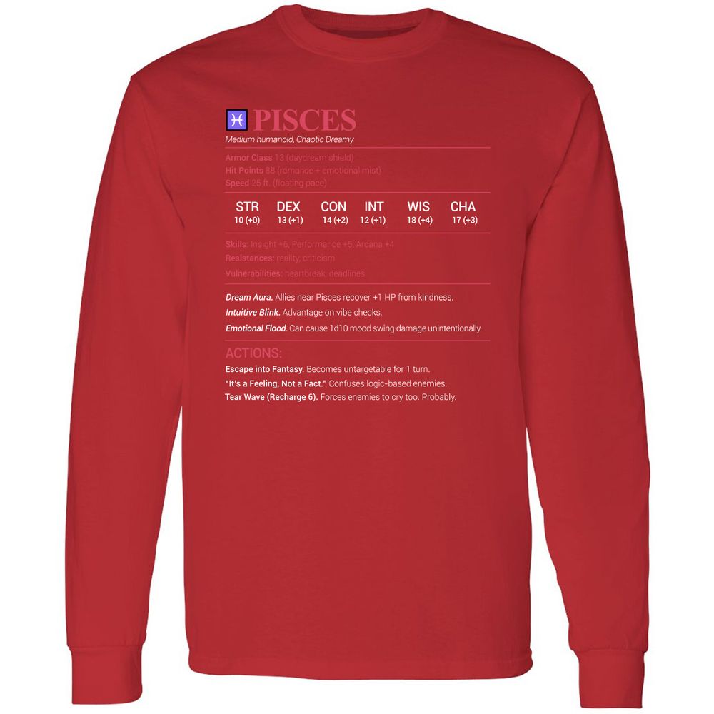 Pisces Stats Long Sleeve T-Shirt - Red - 14
