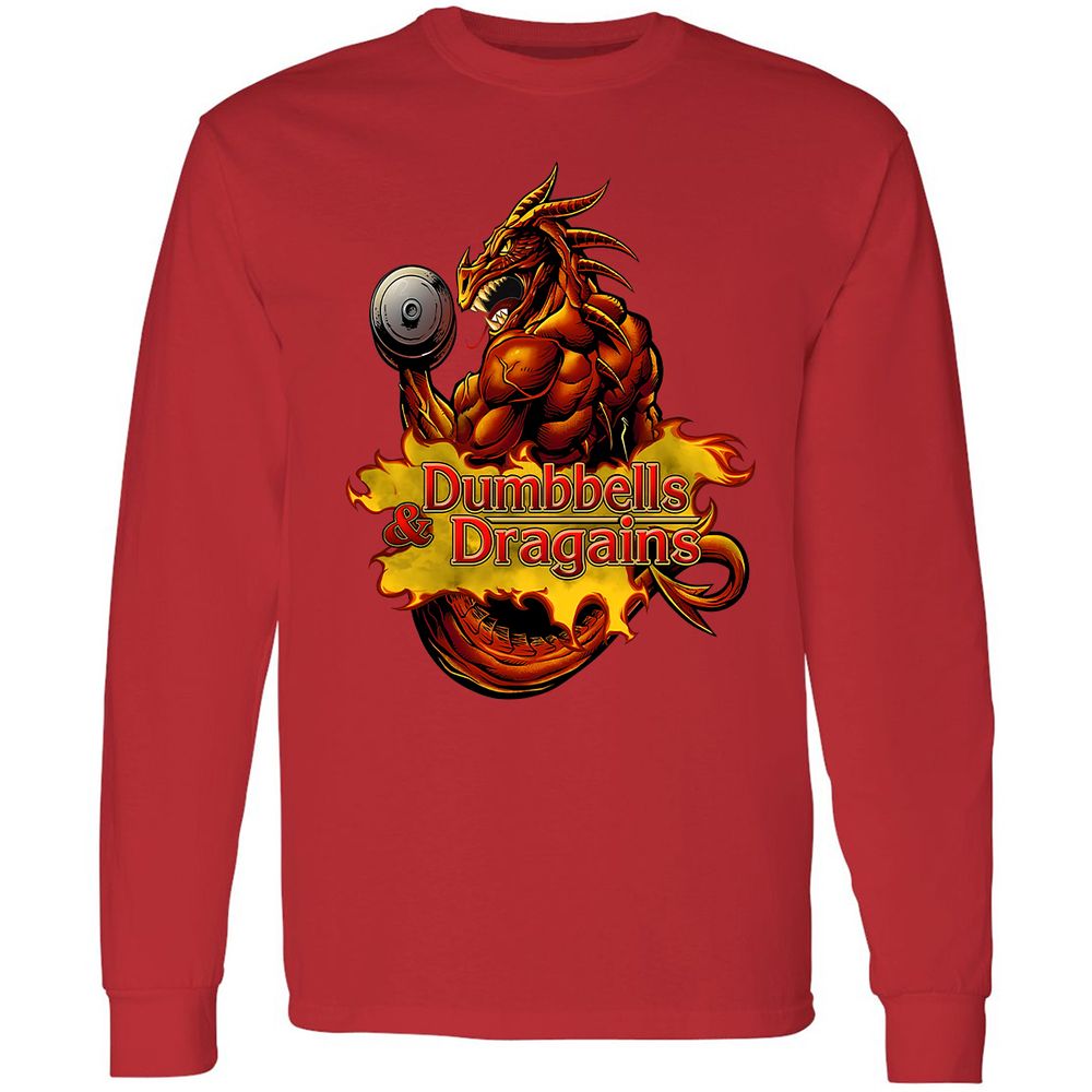 Dumbbells & Dragains Long Sleeve T-Shirt - Red - 14