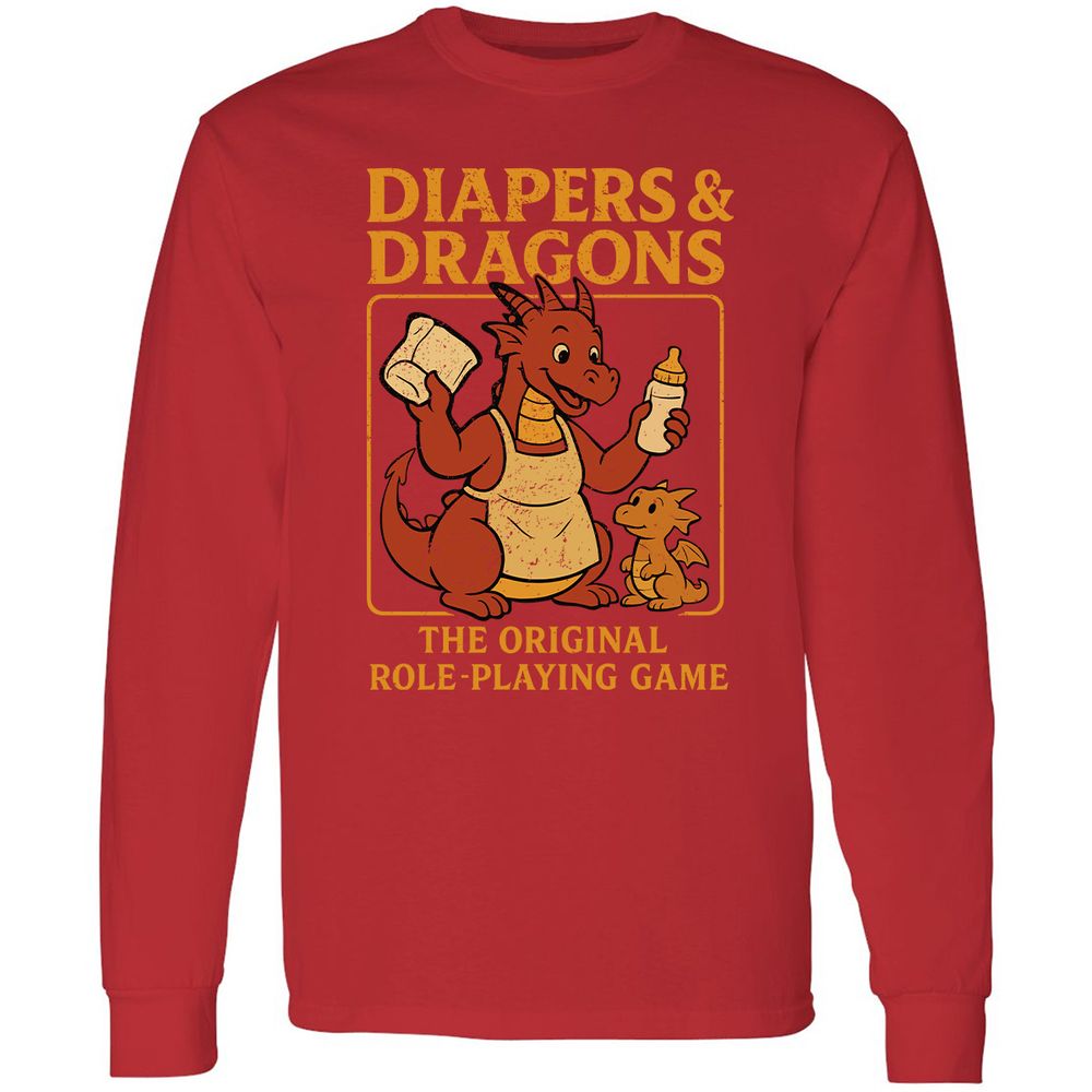 Diapers & Dragons Long Sleeve T-Shirt - Red - 14
