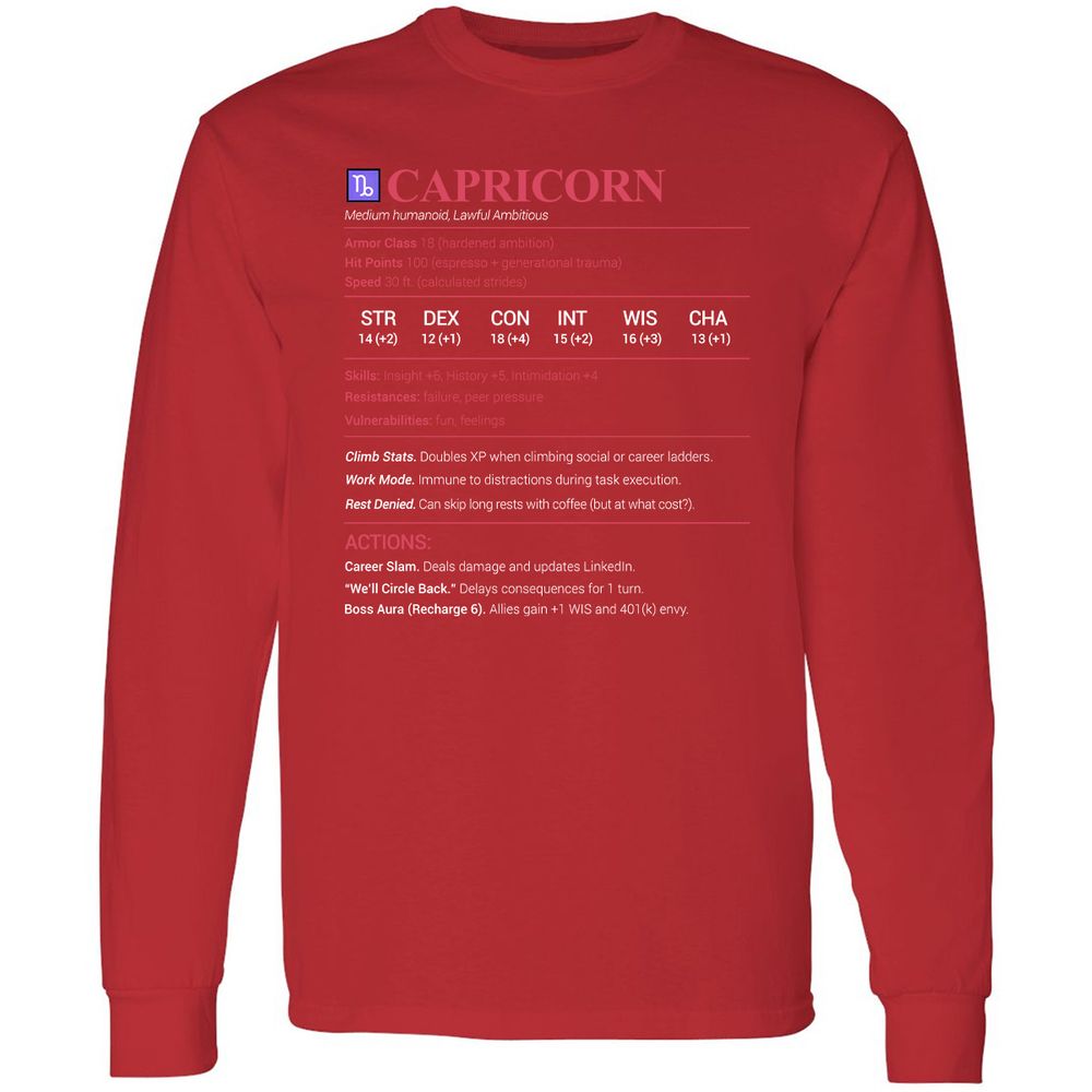 Capricorn Stats Long Sleeve T-Shirt - Red - 14