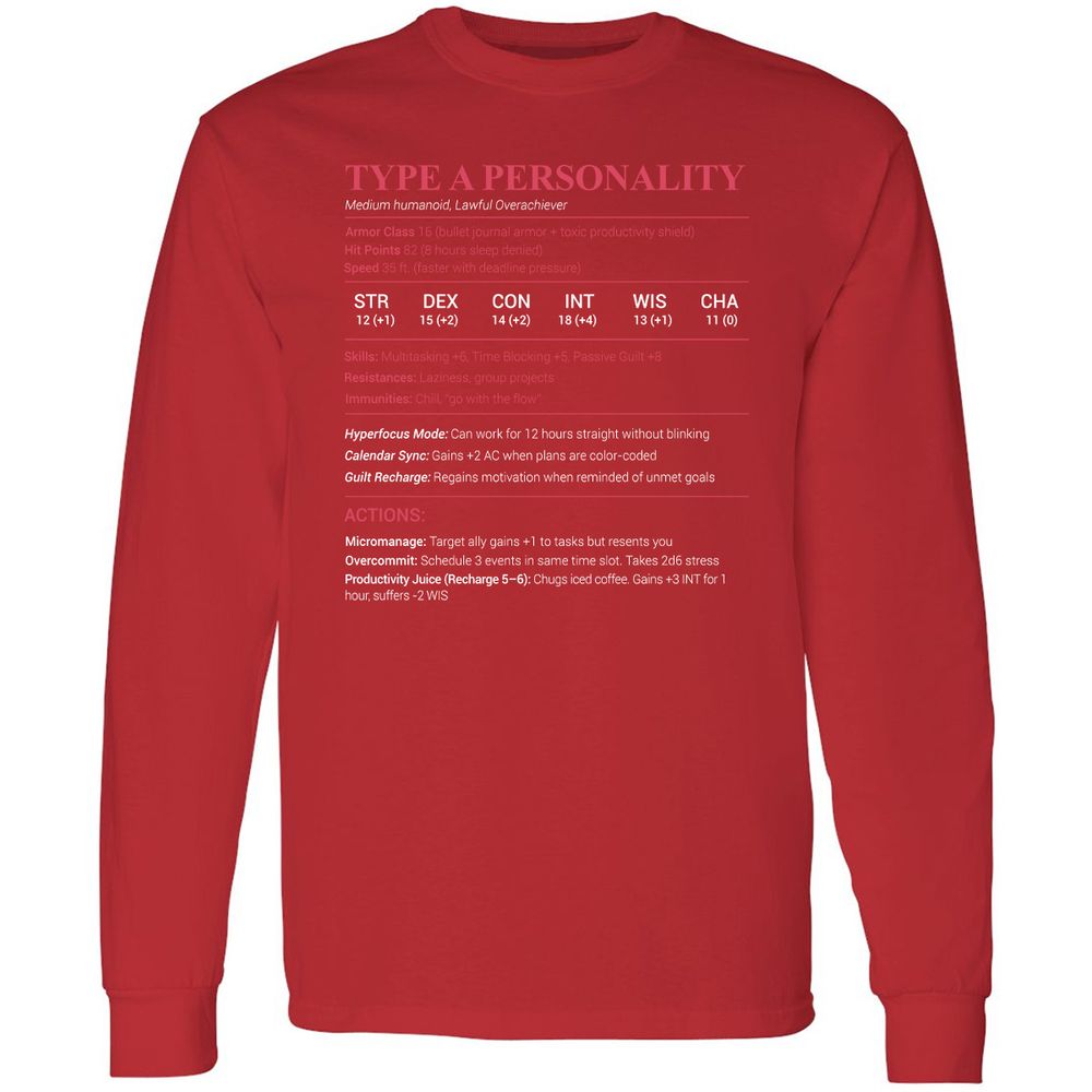Type A Stats Long Sleeve T-Shirt - Red - 14