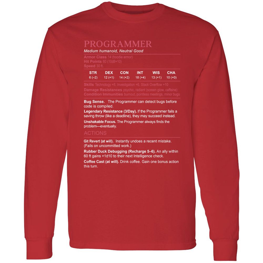 Programmer Stats Long Sleeve T-Shirt - Red - 14