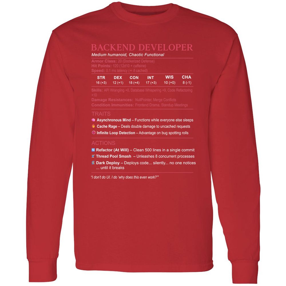 Backend Developer Stats Long Sleeve T-Shirt - Red - 14