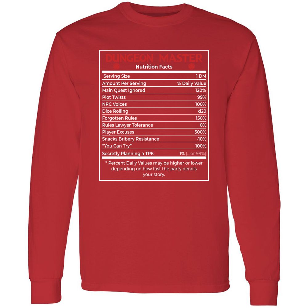 Dungeon Master Nutrition Facts Long Sleeve T-Shirt - Red - 14