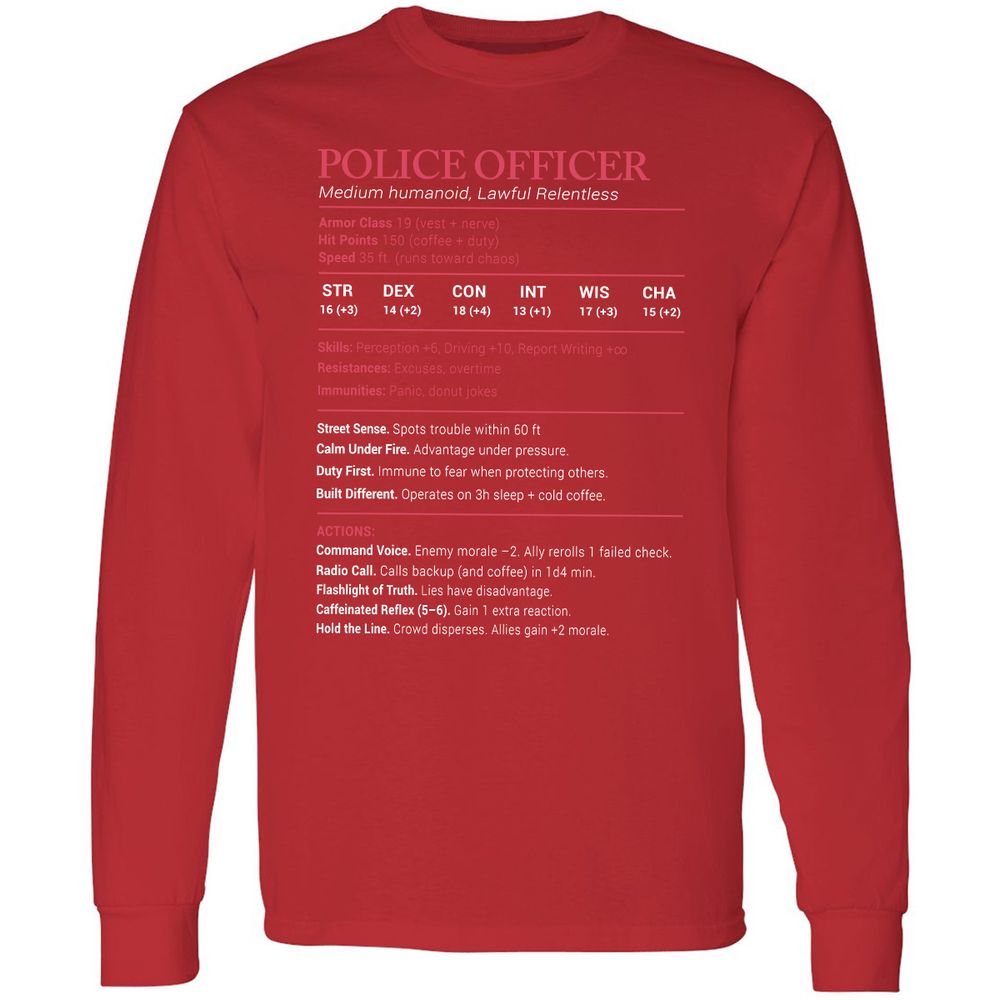 Police Officer Stats Long Sleeve T-Shirt - Red - 14