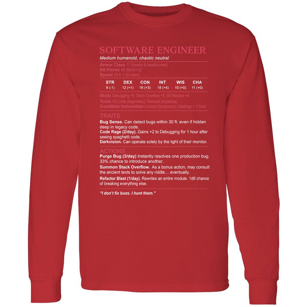 Software Engineer Stats Long Sleeve T-Shirt - Red - 14