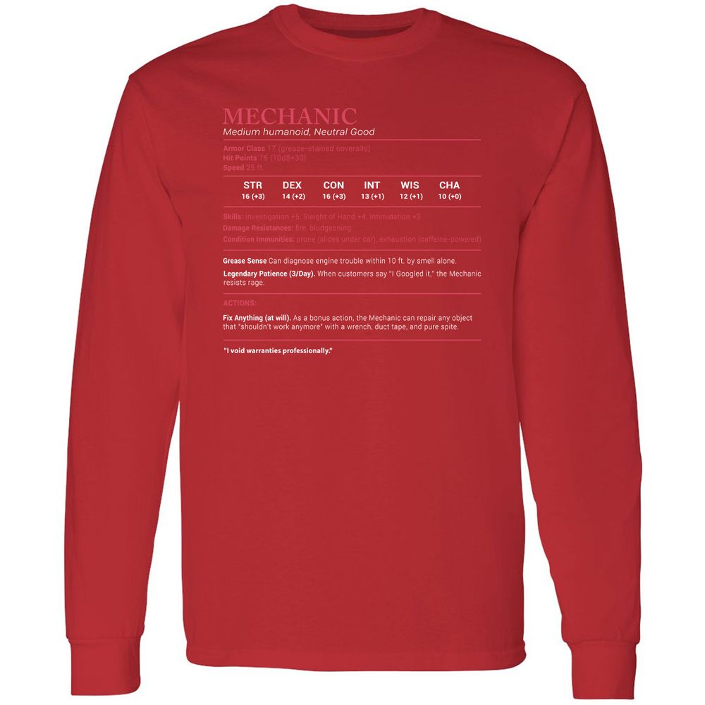 Mechanic Stats Long Sleeve T-Shirt - Red - 14