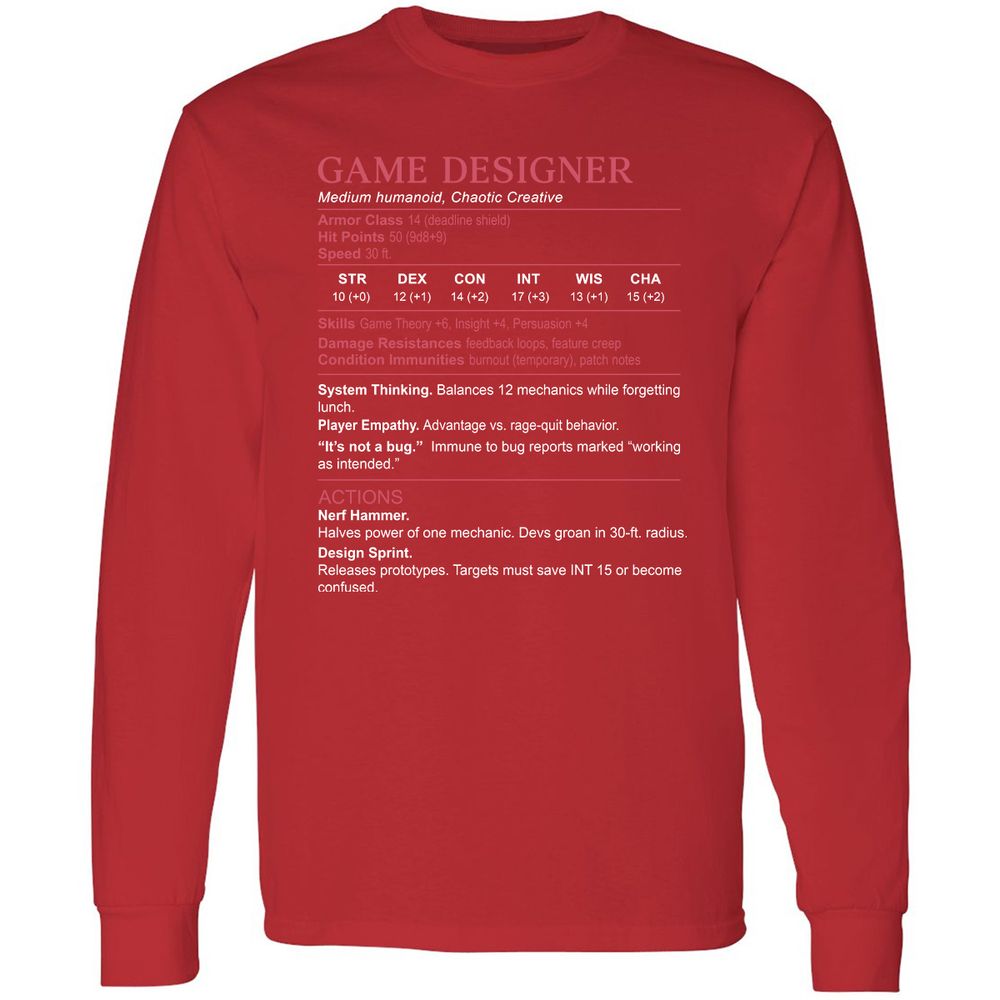 Game Designer Stats Long Sleeve T-Shirt - Red - 14