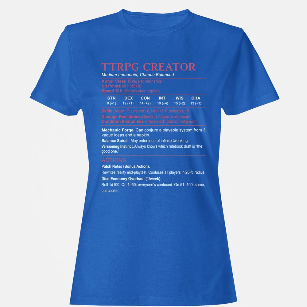TTRPG Creator Stats Women's T-Shirt - Royal - 14