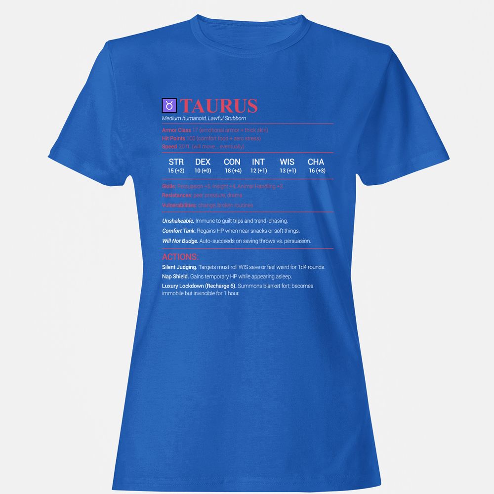 Taurus Stats Women's T-Shirt - Royal - 14