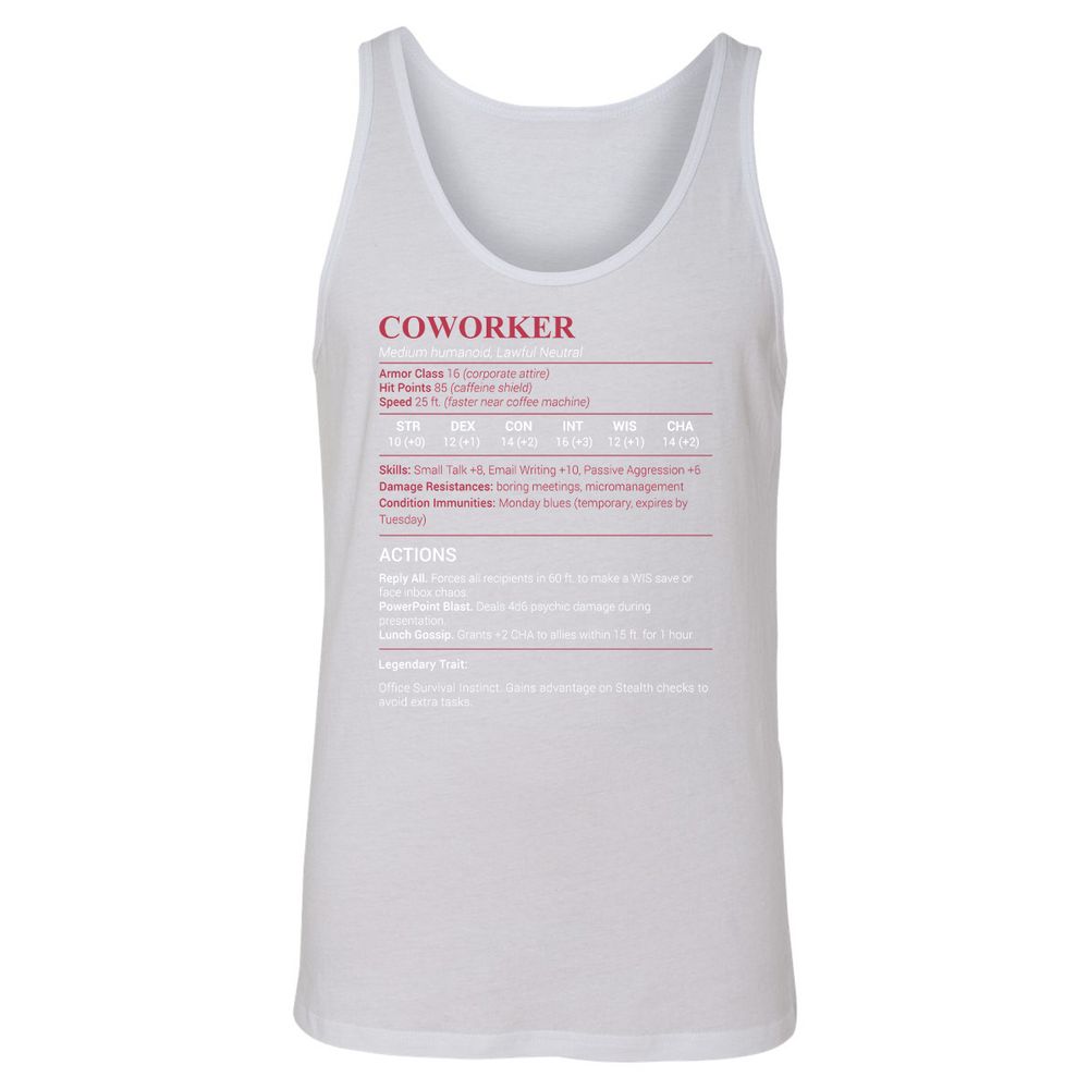 Coworker Stats Unisex Jersey Tank - White - 14