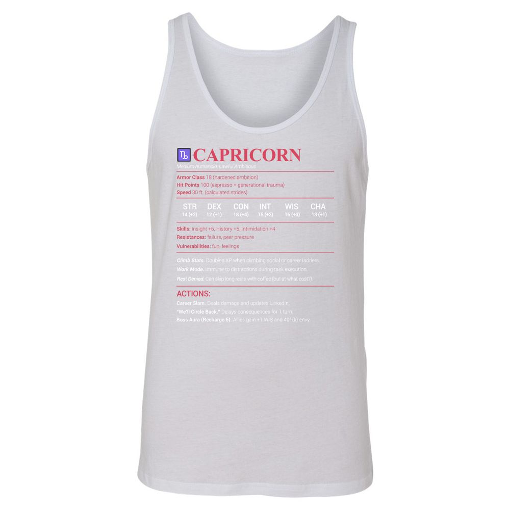 Capricorn Stats Unisex Jersey Tank - White - 14