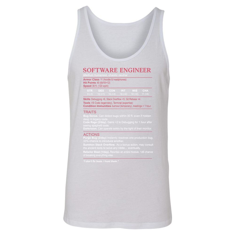 Software Engineer Stats Unisex Jersey Tank - White - 14
