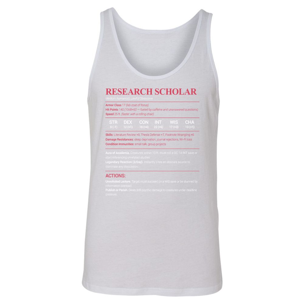 Research Scholar Unisex Jersey Tank - White - 14