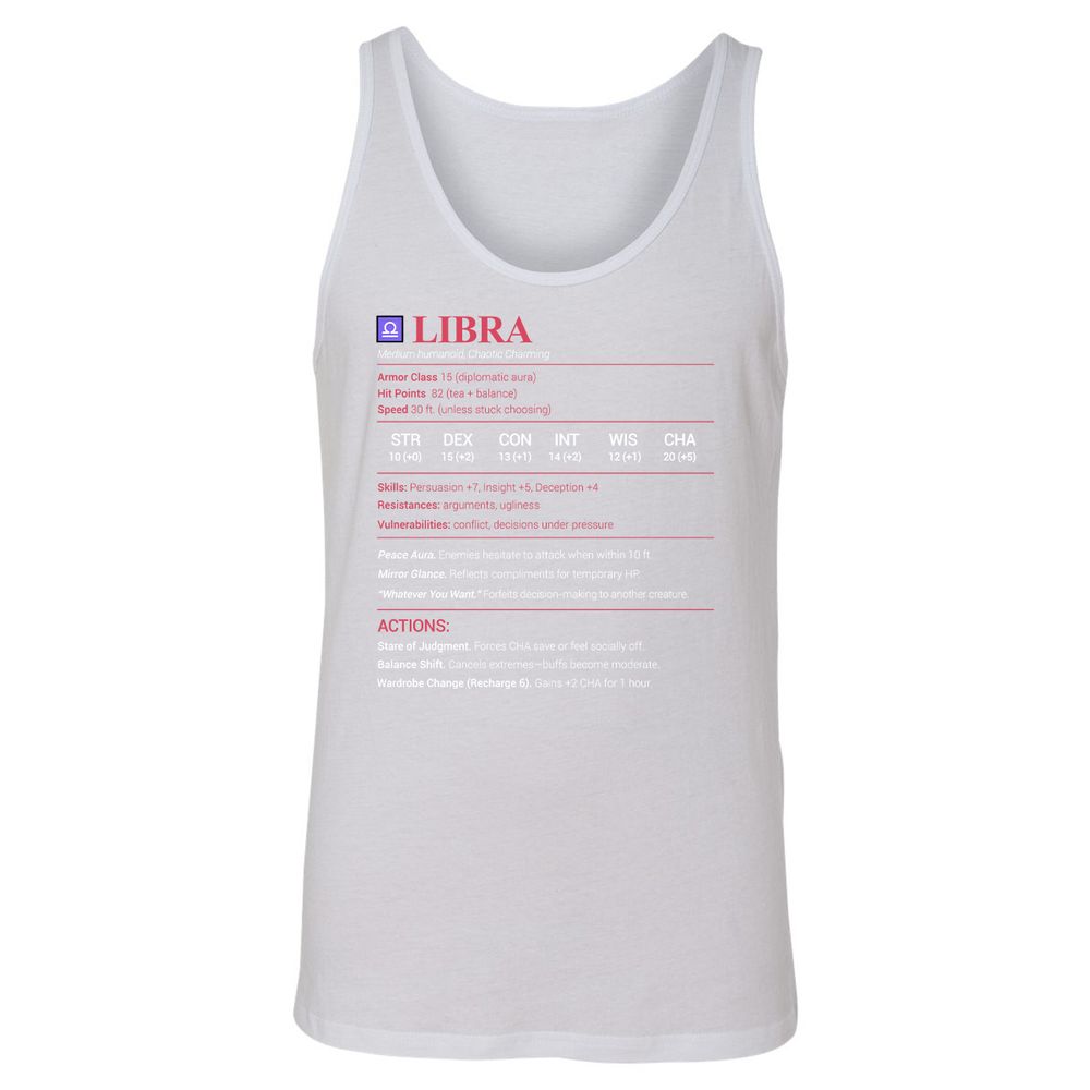 Libra Stats Unisex Jersey Tank - White - 14