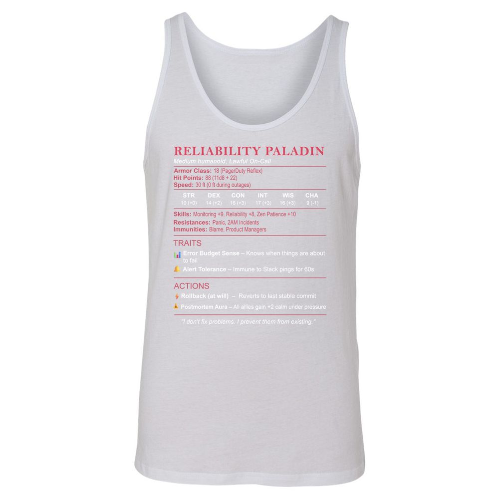 SRE Stats (Reliability Paladin) Unisex Jersey Tank - White - 14