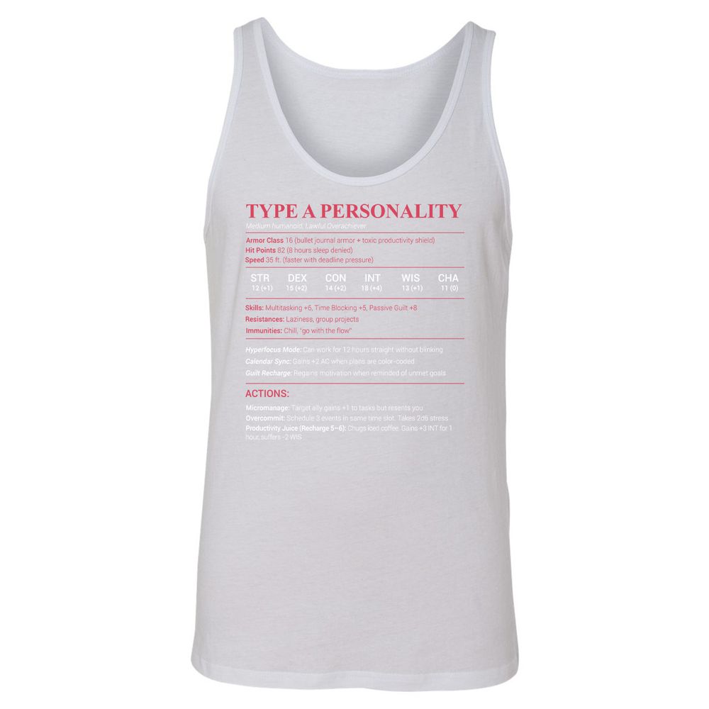 Type A Stats Unisex Jersey Tank - White - 14