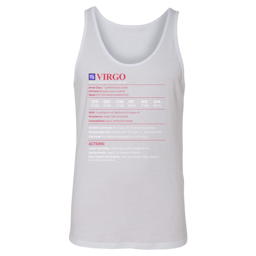 Virgo Stats Unisex Jersey Tank - White - 14