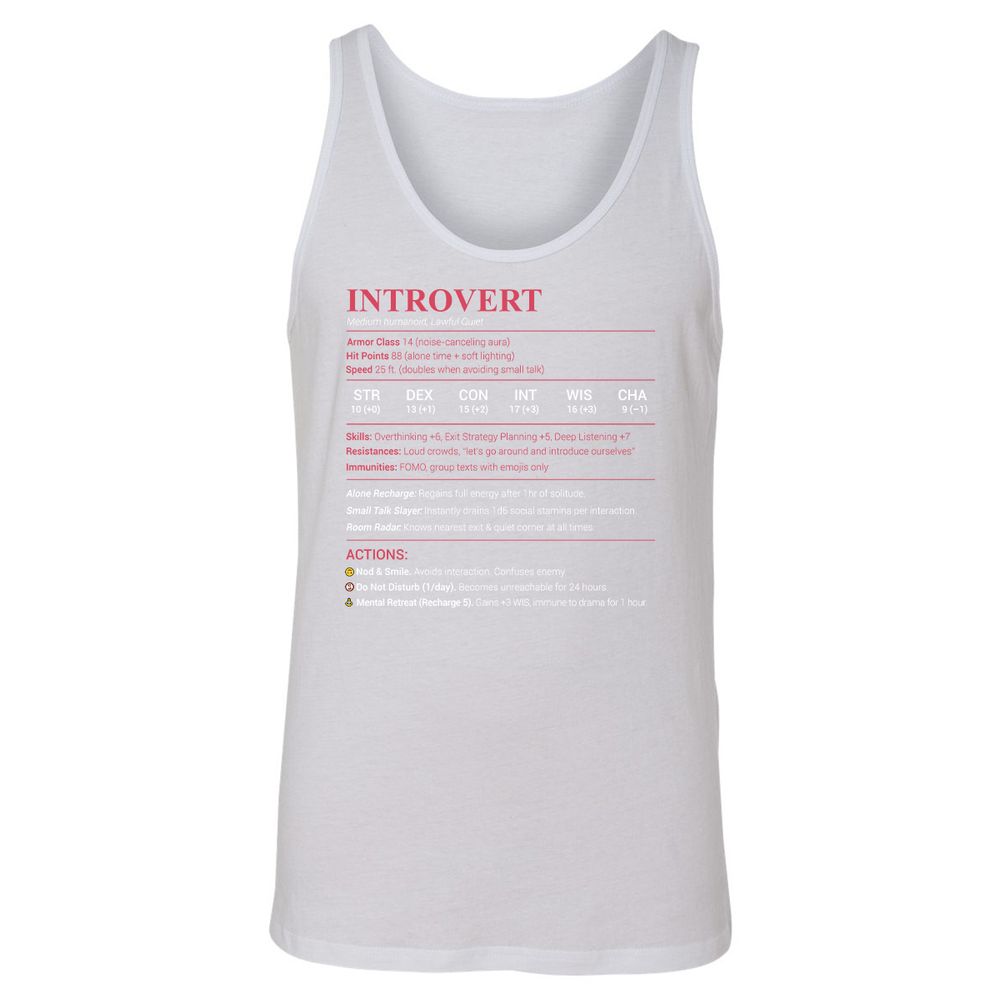 Introvert Stats Unisex Jersey Tank - White - 14