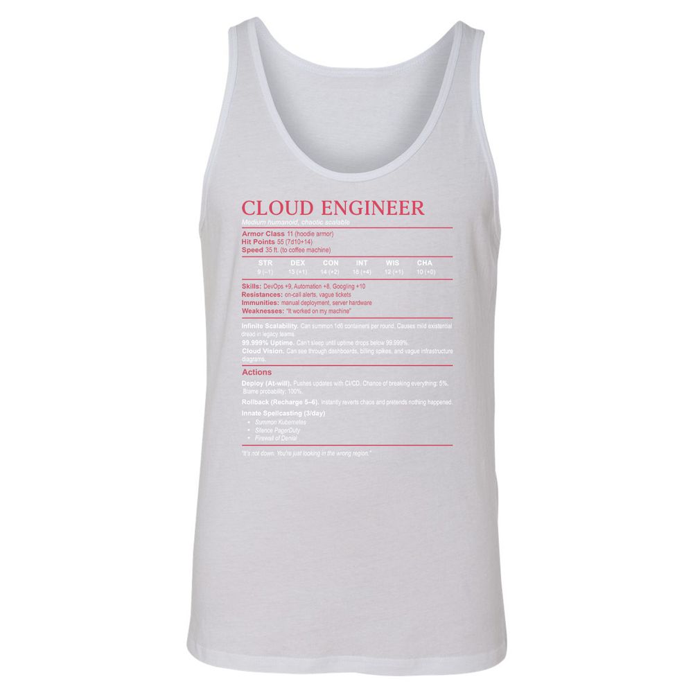 Cloud Engineer Stats Unisex Jersey Tank - White - 14