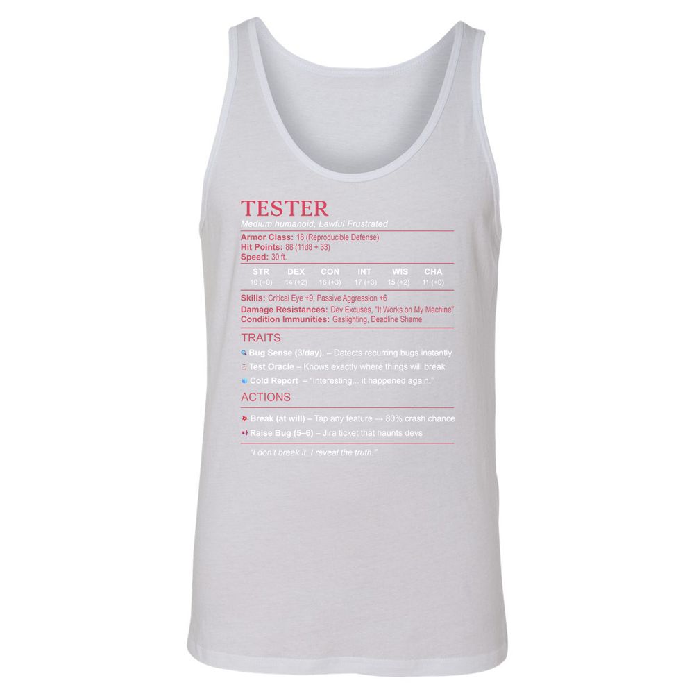 Tester Stats Unisex Jersey Tank - White - 14