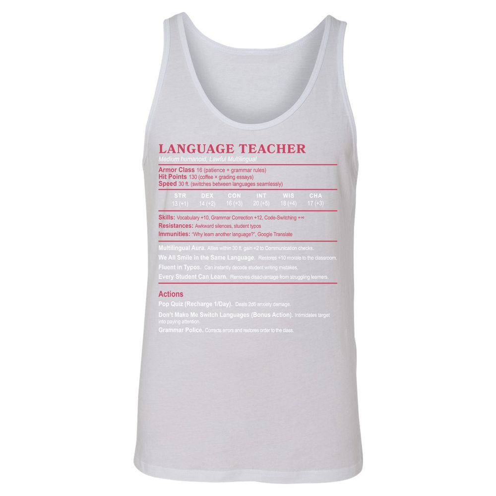 Language Teacher Unisex Jersey Tank - White - 14