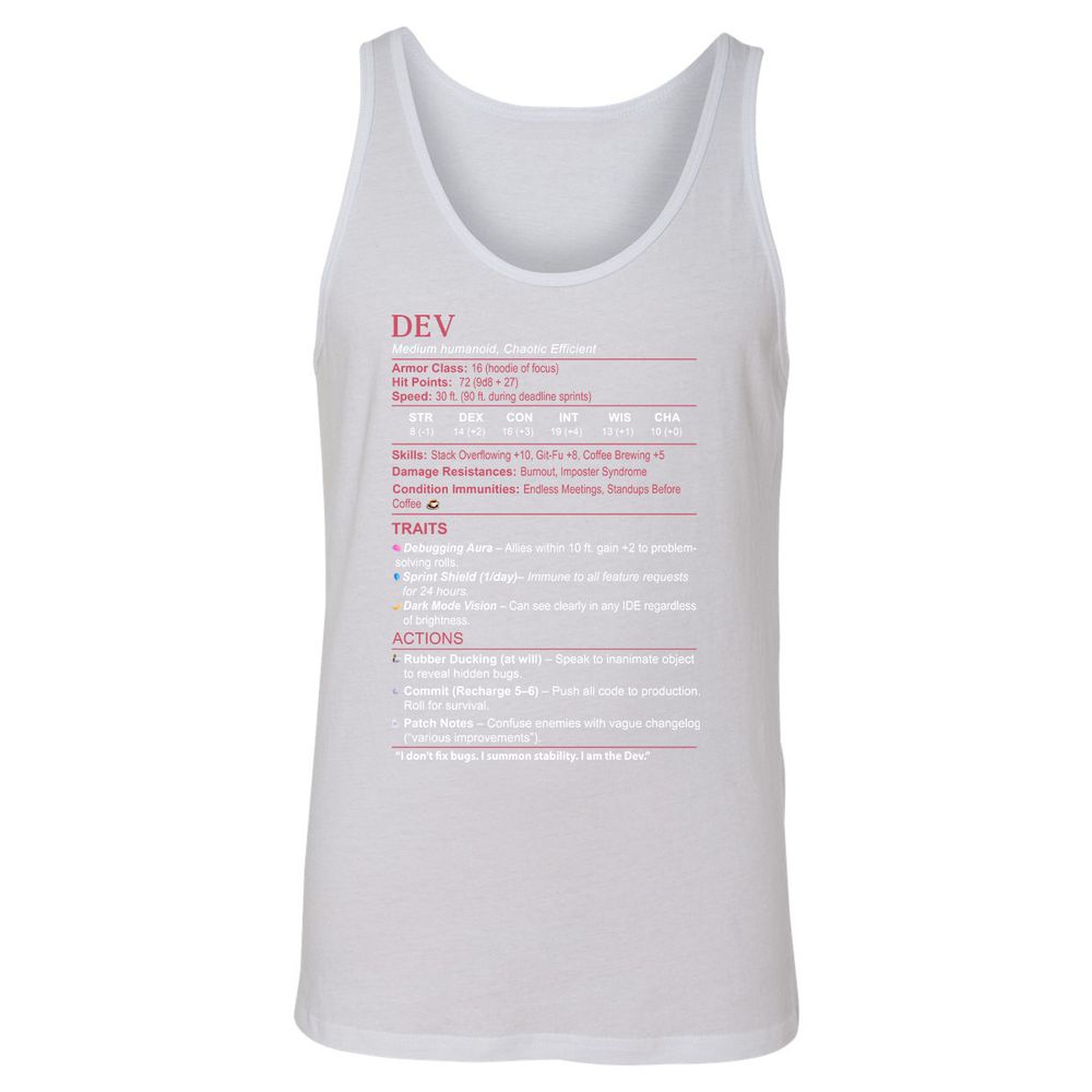DEV Stats Unisex Jersey Tank - White - 14