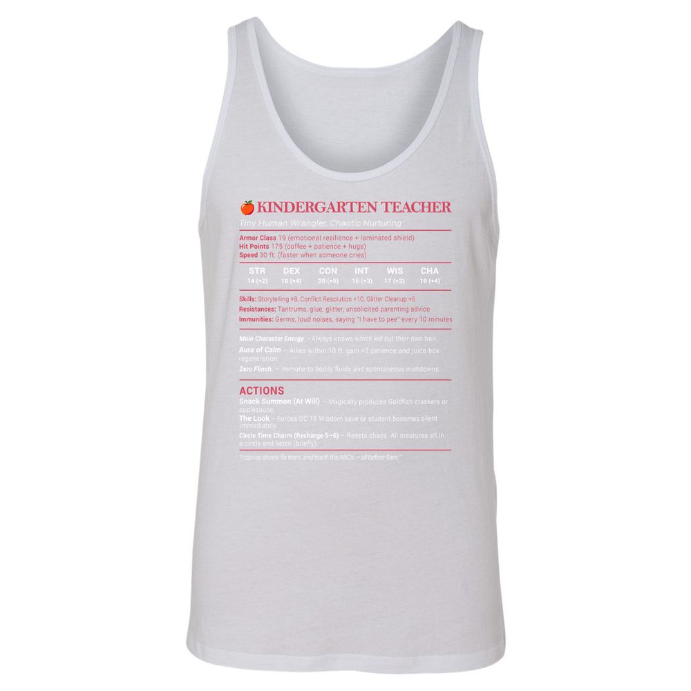 Kindergarten Teacher Stats Unisex Jersey Tank - White - 14