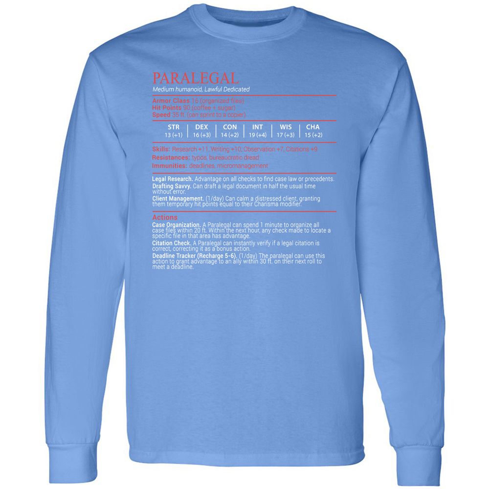 Paralegal Stats Block Long Sleeve T-Shirt - Carolina Blue - 15