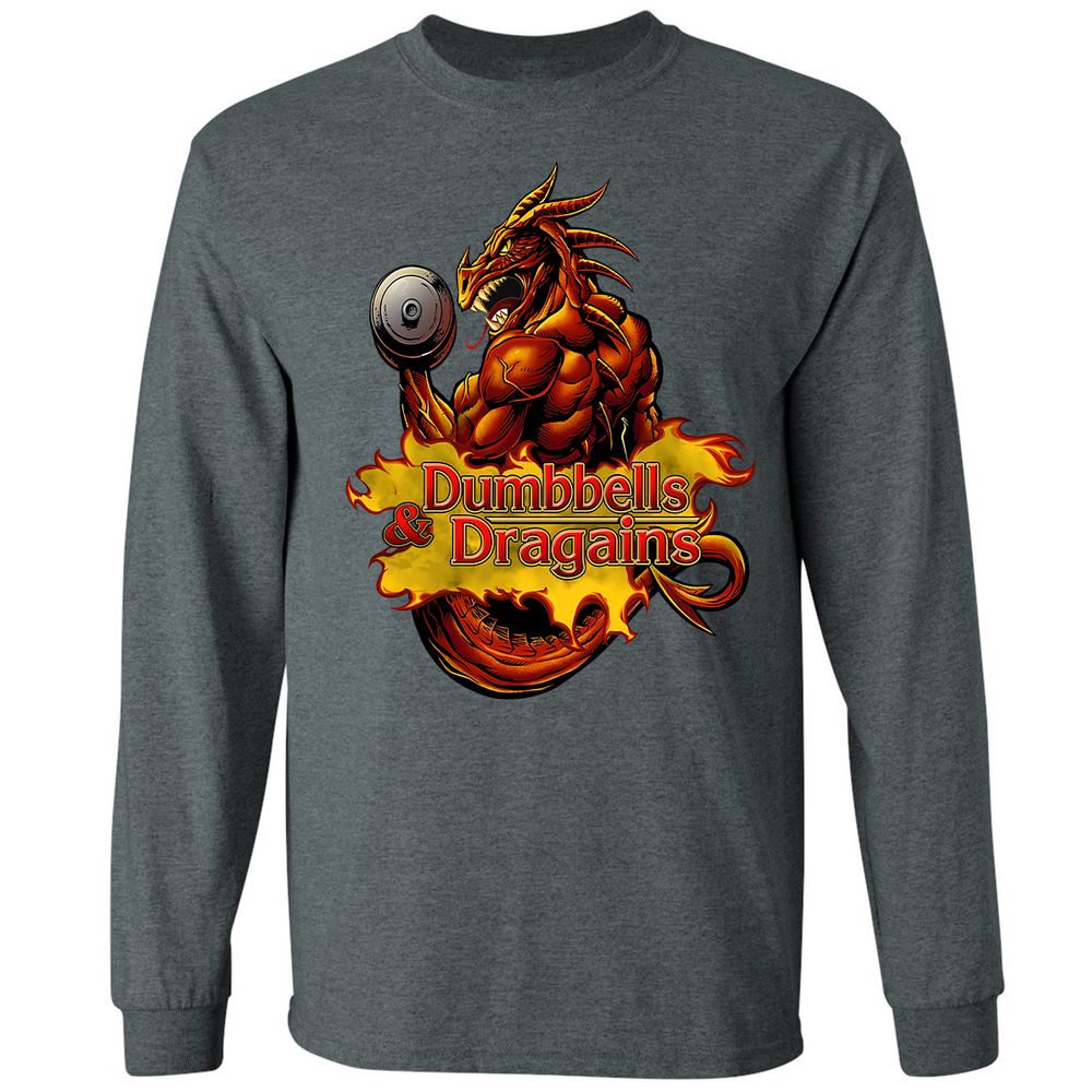 Dumbbells & Dragains Long Sleeve T-Shirt - Dark Heather - 15