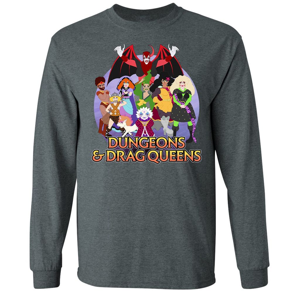 Dungeons n Drag Queens Cartoon Long Sleeve T-Shirt - Dark Heather - 15