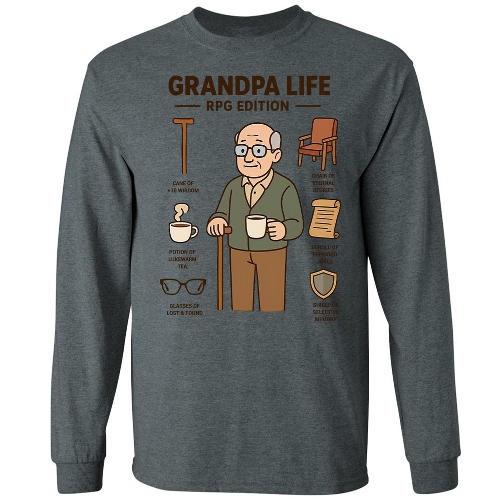 Grandpa Life RPG Edition Long Sleeve T-Shirt - Dark Heather - 15