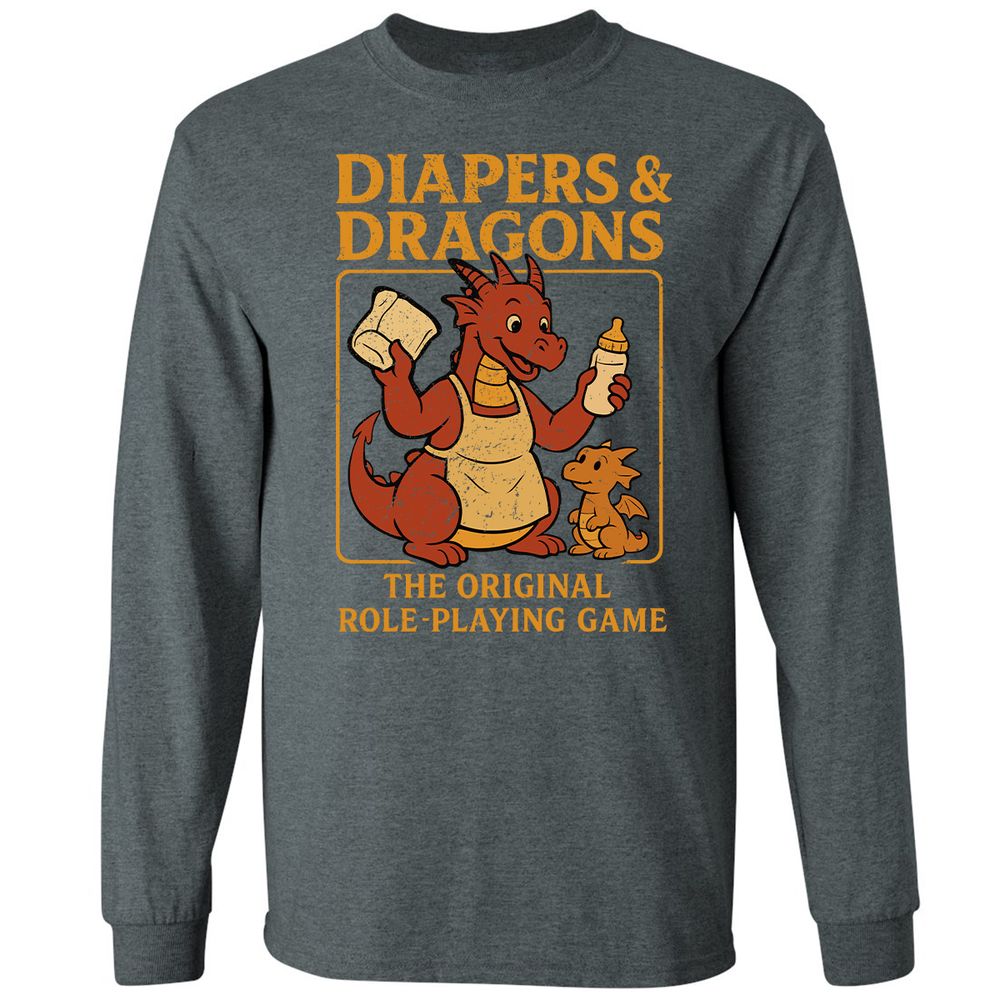 Diapers & Dragons Long Sleeve T-Shirt - Dark Heather - 15