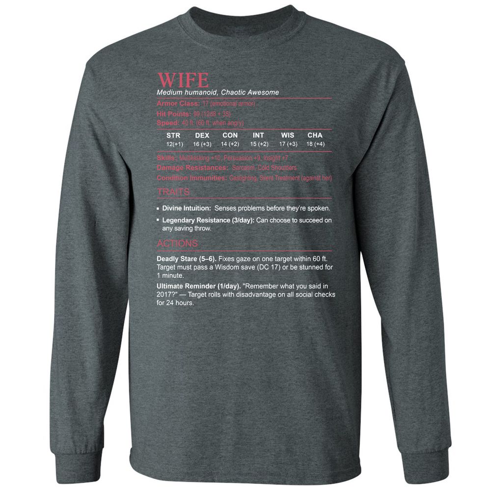 Wife Stats Long Sleeve T-Shirt - Dark Heather - 15