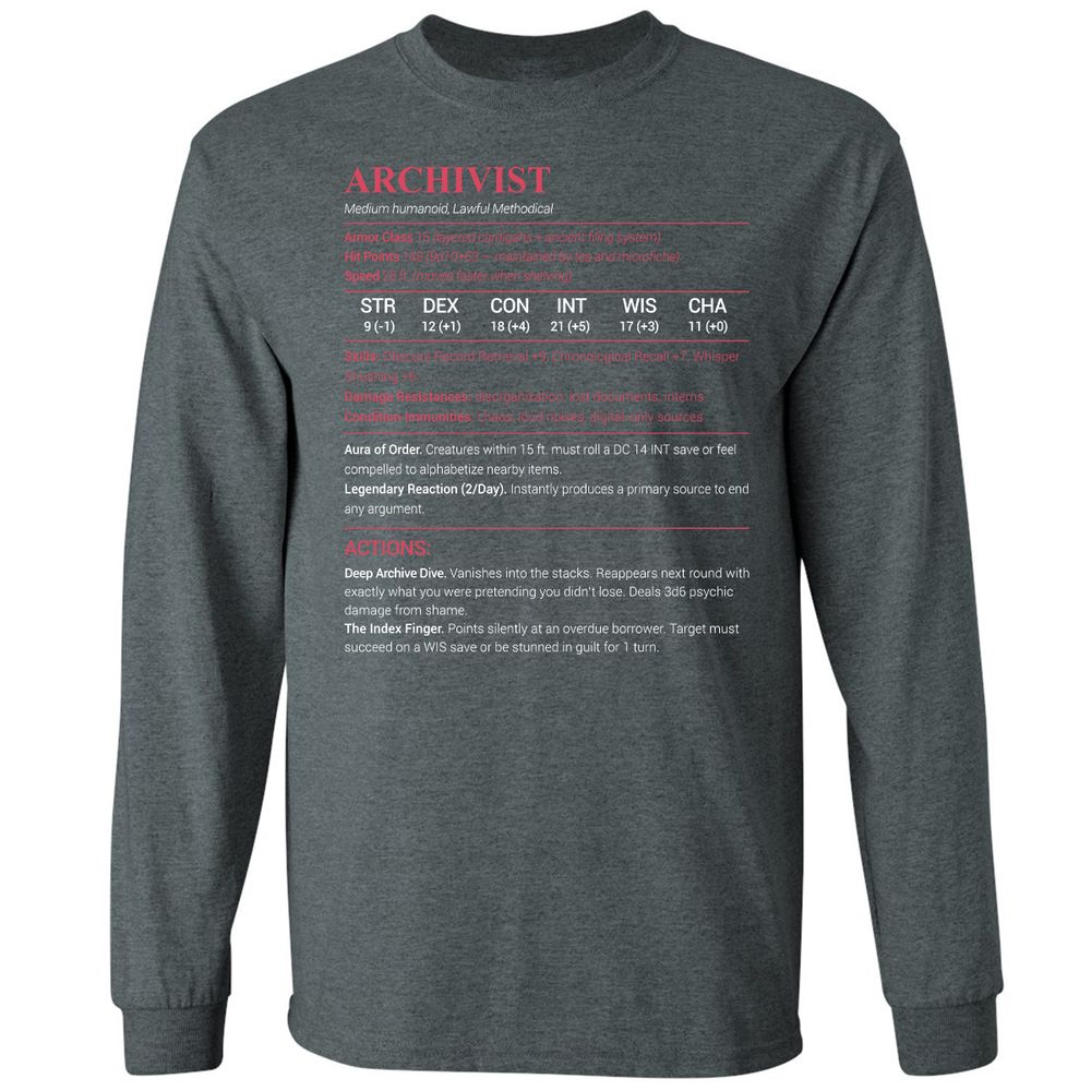 Archivist Stats Long Sleeve T-Shirt - Dark Heather - 15
