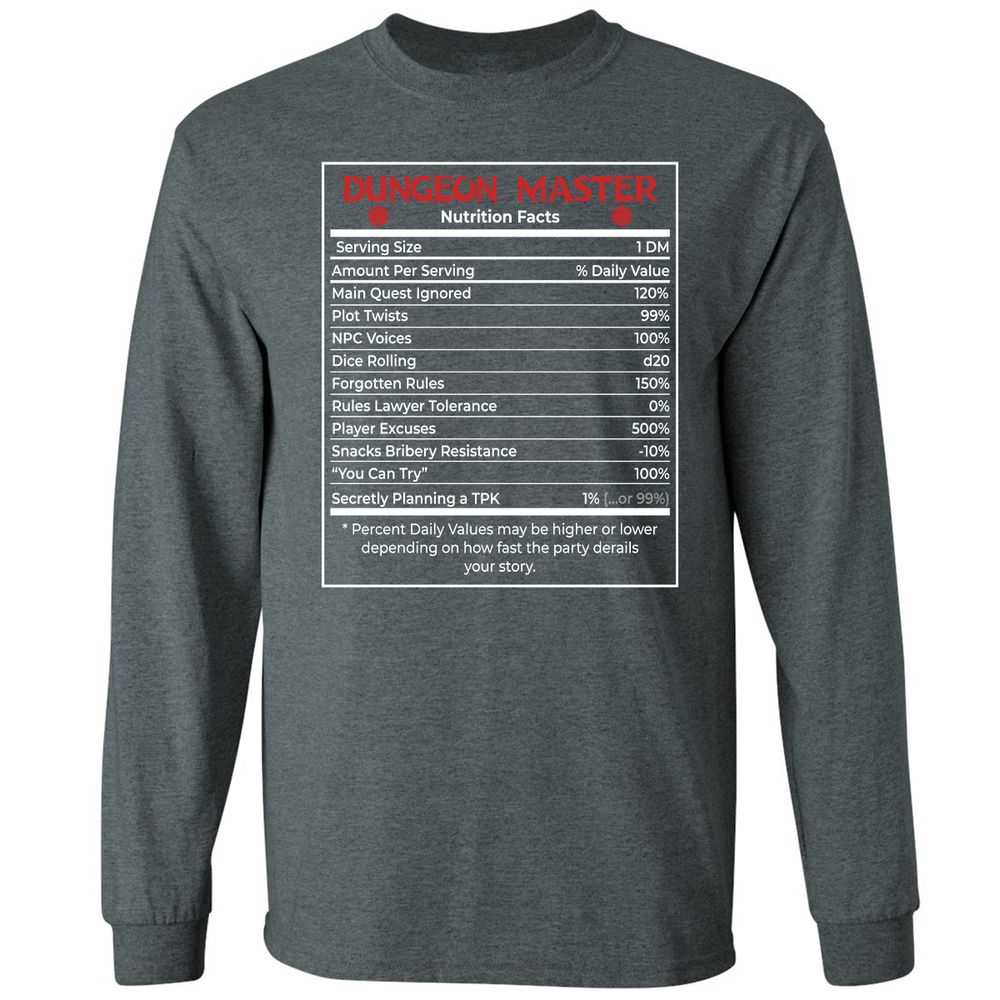 Dungeon Master Nutrition Facts Long Sleeve T-Shirt - Dark Heather - 15