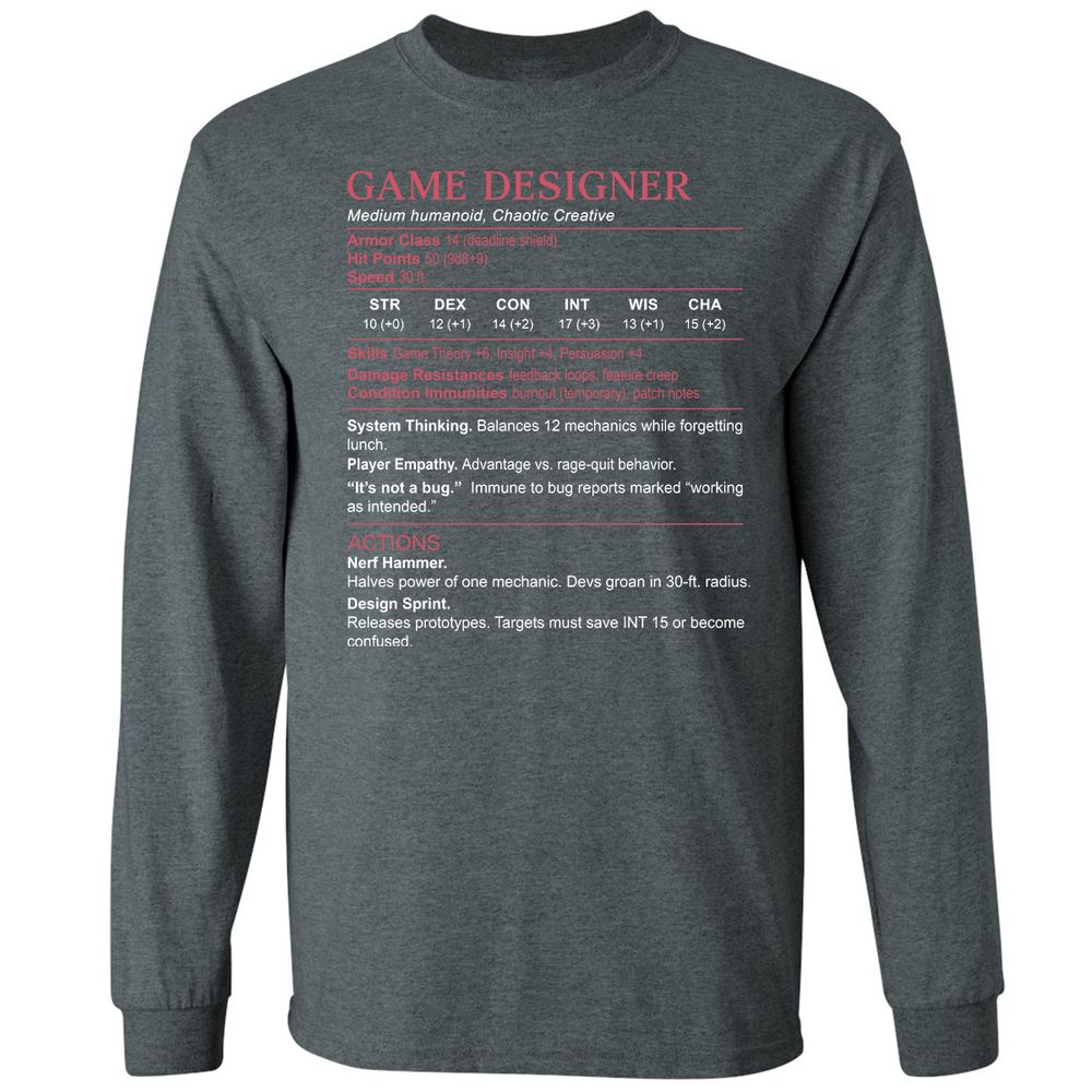 Game Designer Stats Long Sleeve T-Shirt - Dark Heather - 15