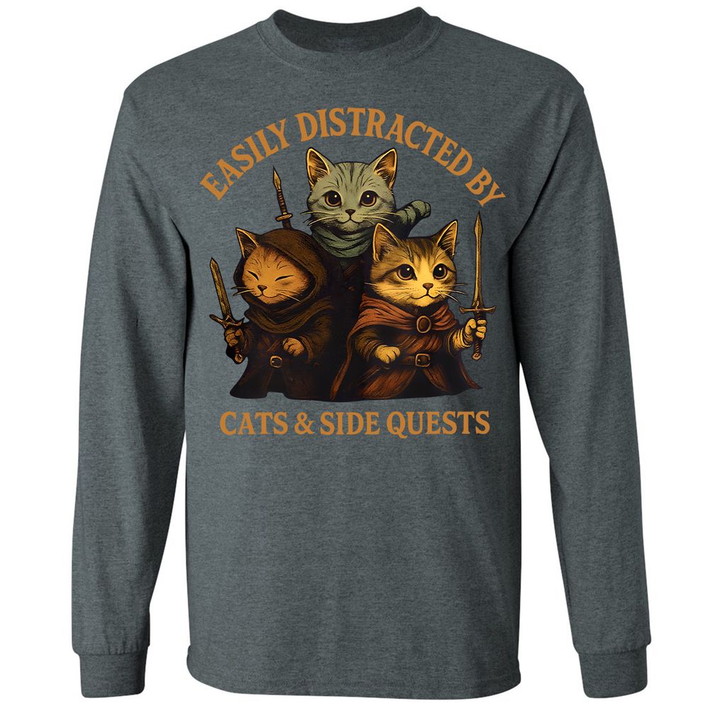 Easily Distracted By Cats & Side Quests Long Sleeve T-Shirt - Dark Heather - 15