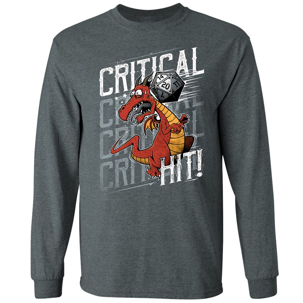 Funny Dragon Critical Hit Long Sleeve T-Shirt - Dark Heather - 15