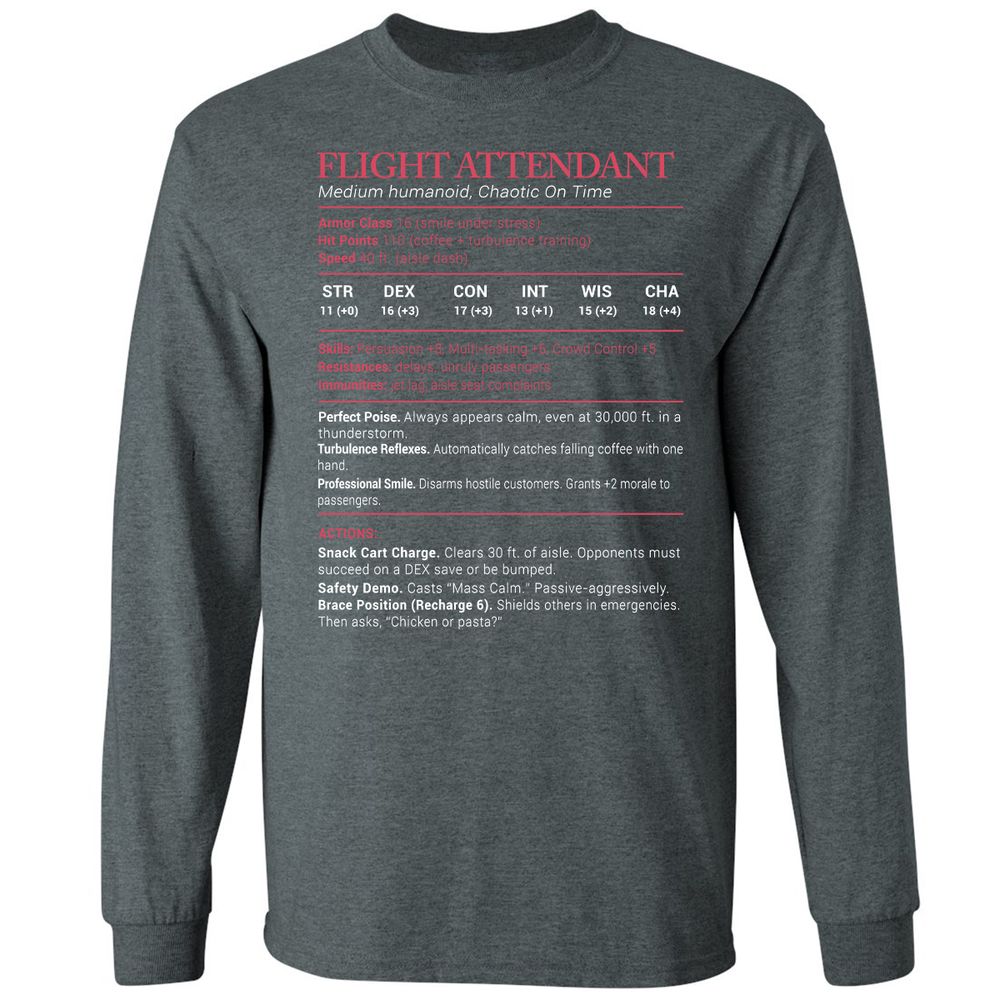 Flight Attendant Stats Long Sleeve T-Shirt - Dark Heather - 15