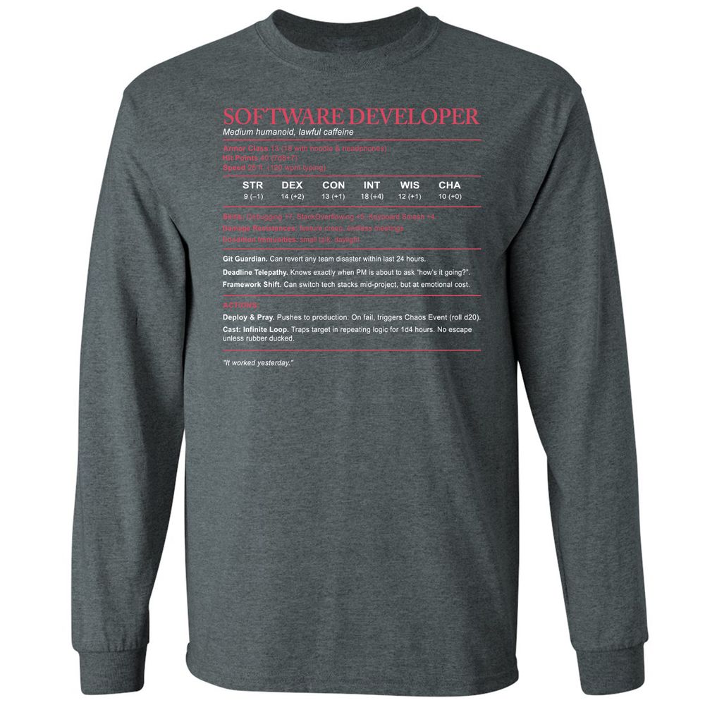 Software Developer Stats Long Sleeve T-Shirt - Dark Heather - 15